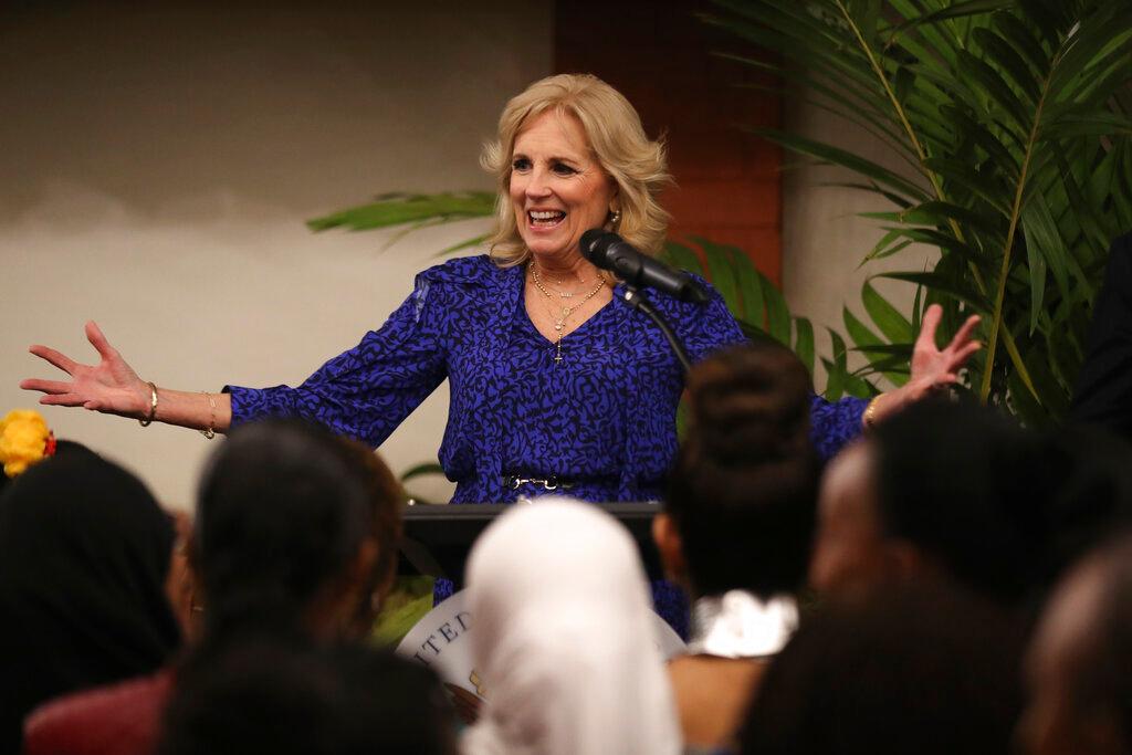 First Lady of the United States Jill Biden speaks as she meets Kenyan women leaders at the U.S. ambassador's residence in Nairobi, Kenya, Friday, Feb. 24, 2023.