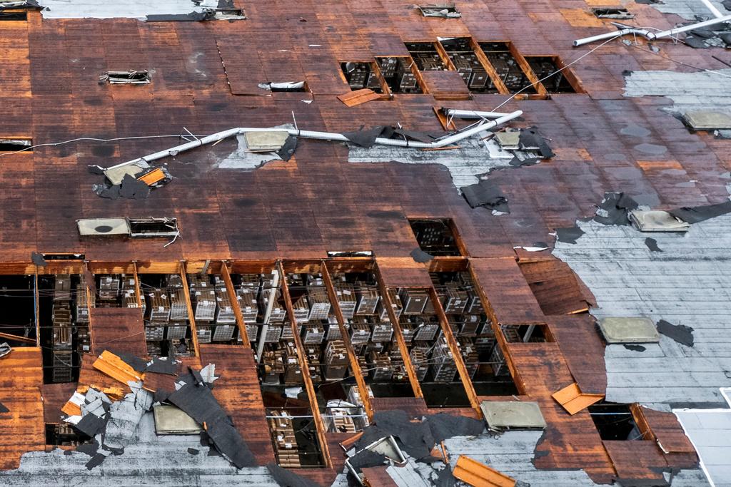 Damage to a building is seen on Wednesday, March 22, 2023 in Montebello, Calif., after a possible tornado.