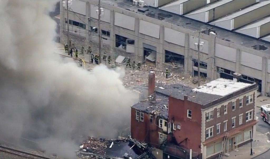 In this screen grab from video provided by WPVI-TV/6ABC, smoke rises from an explosion at the R.M. Palmer Co. plant in West Reading, Pa., Friday, March 24, 2023.