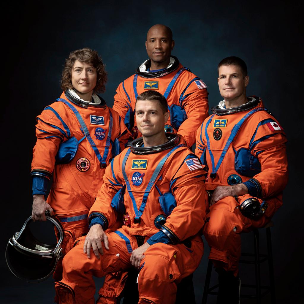 NASA Astronauts Christina Koch, Victor Glover, Reid Wiseman, and Canadian Space Agency Astronaut Jeremy Hansen at the Johnson Space Center 