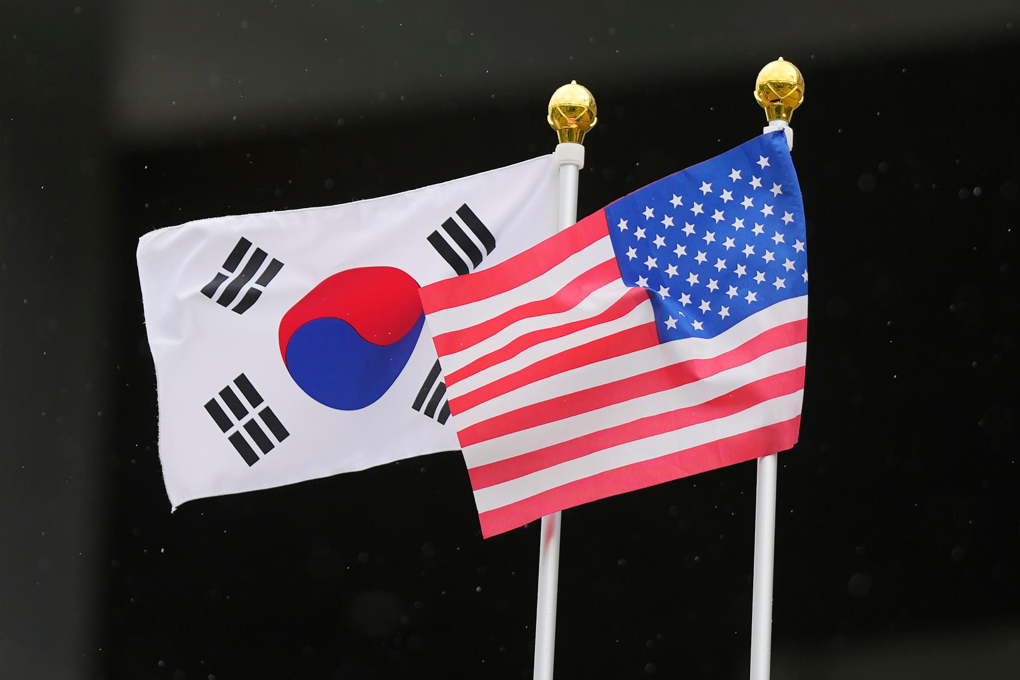 Flags of South Korea and the United States flutter outside of the National Museum of Korean Contemporary History in Seoul, South Korea, on April 25, 2023.