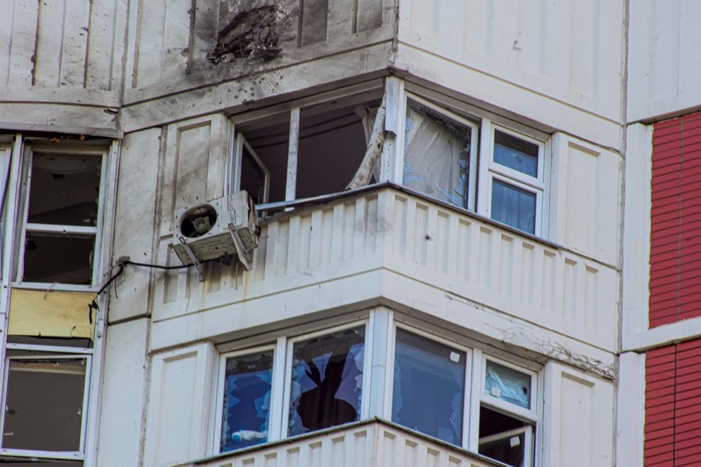 Apartment building which was reportedly damaged by Ukrainian drone in Moscow, Russia