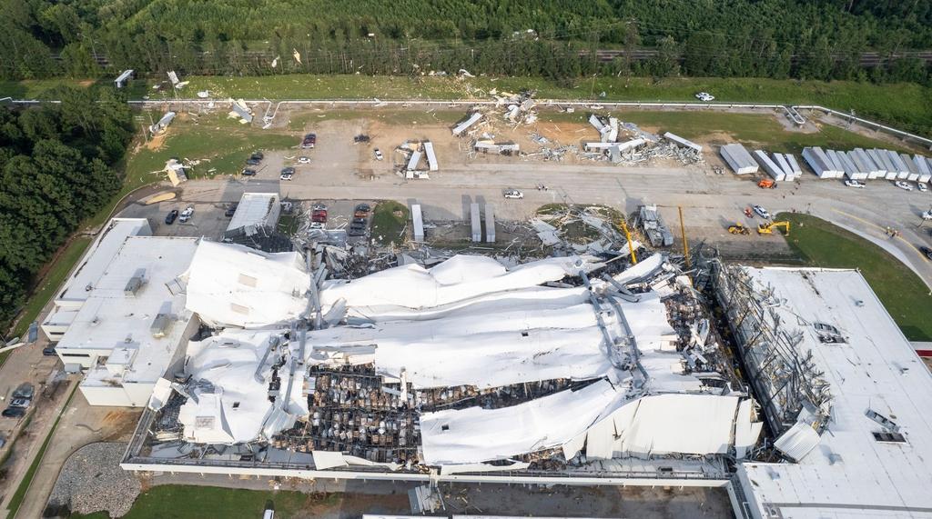 Debris is scattered around the Pfizer facility in Rocky Mount, N.C.