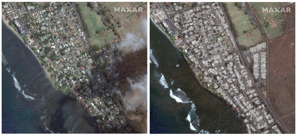 Before (left), After Fire (right) Overview of southern Lahaina on Maui, Hawaii