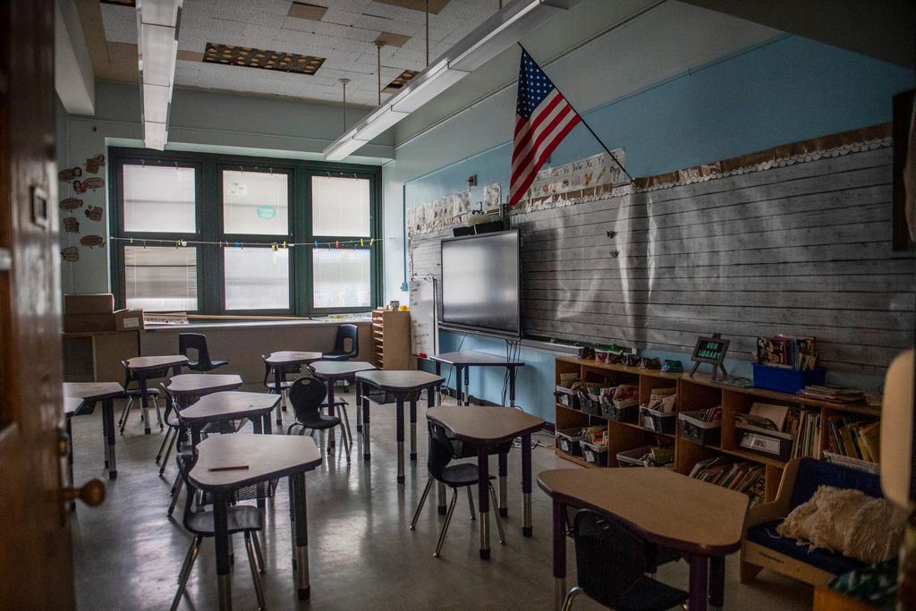 An empty elementary school classroom 