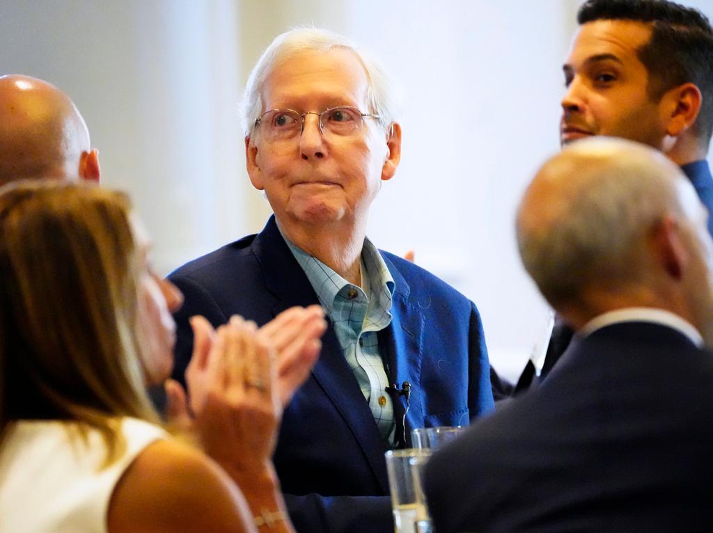 U.S. Senate Minority Leader Mitch McConnell, R-Ky., before taking the podium to speak at the NKY Chamber of Commerce at the Madison Event Center