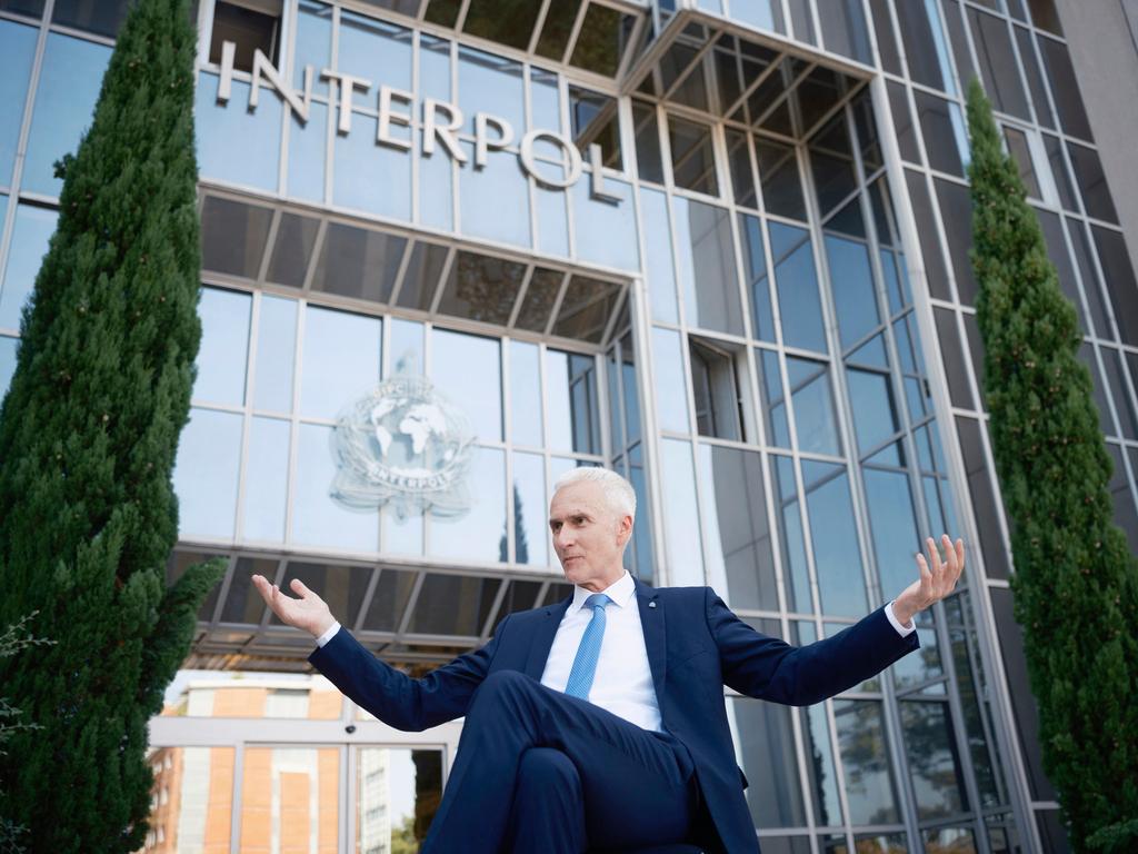 Interpol Secretary General Jurgen Stock talks to journalists during an interview outside the Interpol headquarters in Lyon, central France, Tuesday, Sept. 5, 2023.