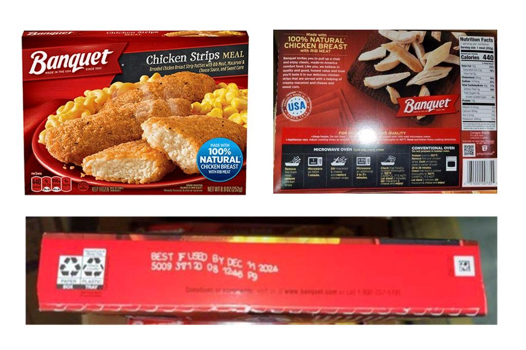  U.S. Department of Agriculture packaging for Banquet Brand Frozen Chicken Strips which was recalled by ConAgra Brands last week