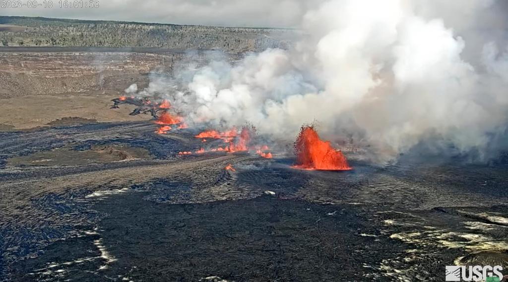 In this screen grab from webcam video provided by the U.S. Geological Survey, Kilauea, one of the most active volcanoes in the world, erupts in Hawaii, Sunday, Sept. 10, 2023.