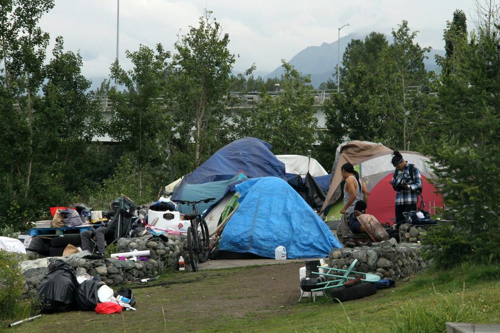 An outdoor tent city for the homeless across from the city's historic railroad depot in downtown Anchorage, Alaska