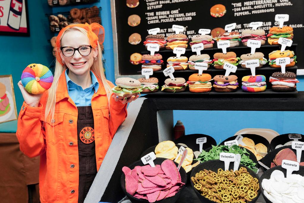 British artist Lucy Sparrow is pictured at her "Feltz Bagels" installation on Monday, Oct. 2, 2023, in New York.