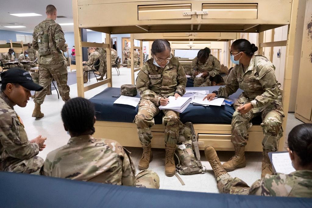 Students enlisted in the new Army prep course work together in barracks at Fort Jackson in Columbia, S.C.