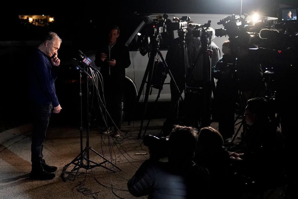 Uri Raanan pauses as he talks to reporters outside his Bannockburn, Ill., home after his daughter Natalie and her mother Judith Raanan were released by Hamas, Friday