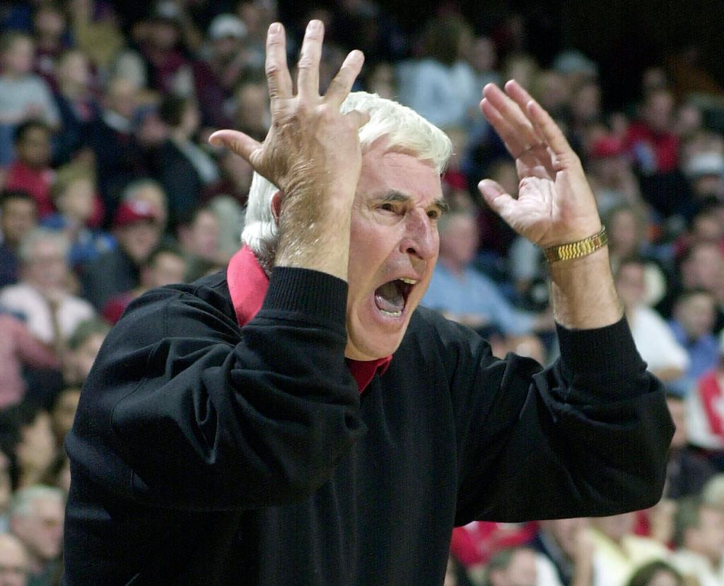 Texas Tech coach Bob Knight yells from the sideline during the first half of the team's NCAA college basketball game against Houston on Dec. 14, 2001, in Houston.