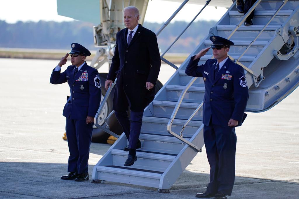 President Joe Biden arrives on Air Force One at Brunswick Executive Airport in Brunswick, Maine