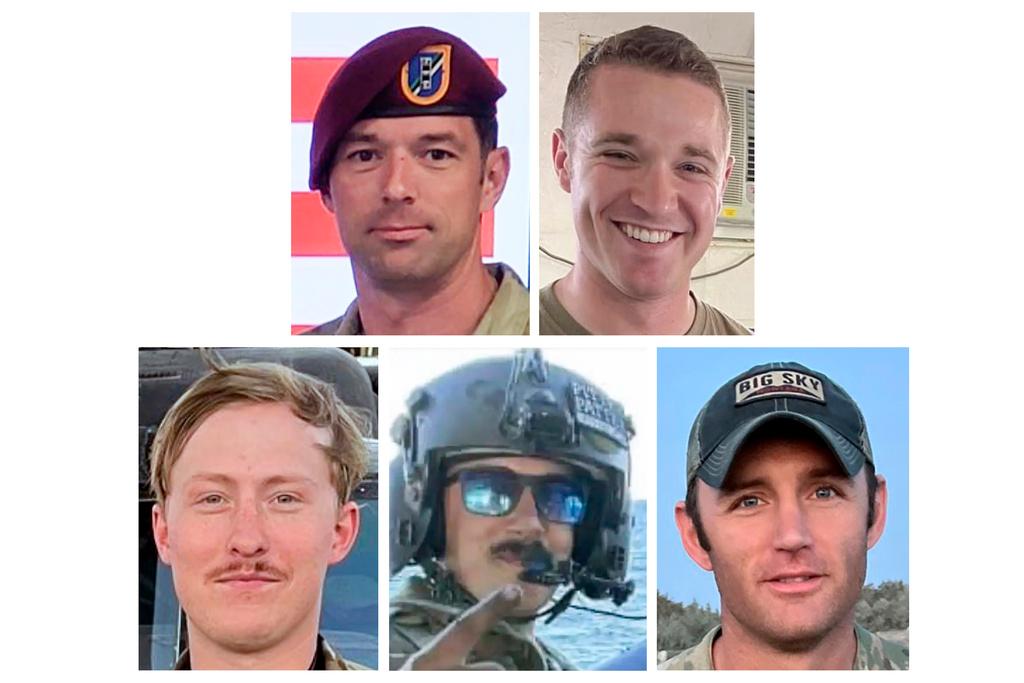 From top left to bottom right are, Chief Warrant Officer 3 Stephen R. Dwyer, of Clarksville, Tenn., Sgt. Andrew P. Southard, of Apache Junction, Ariz., Staff Sgt. Tanner W. Grone, of Gorham, N.H., Sgt. Cade M. Wolfe, of Mankato, Minn., and Chief Warrant Officer 2 Shane M. Barnes, of Sacramento, Calif. They were based in Kentucky.