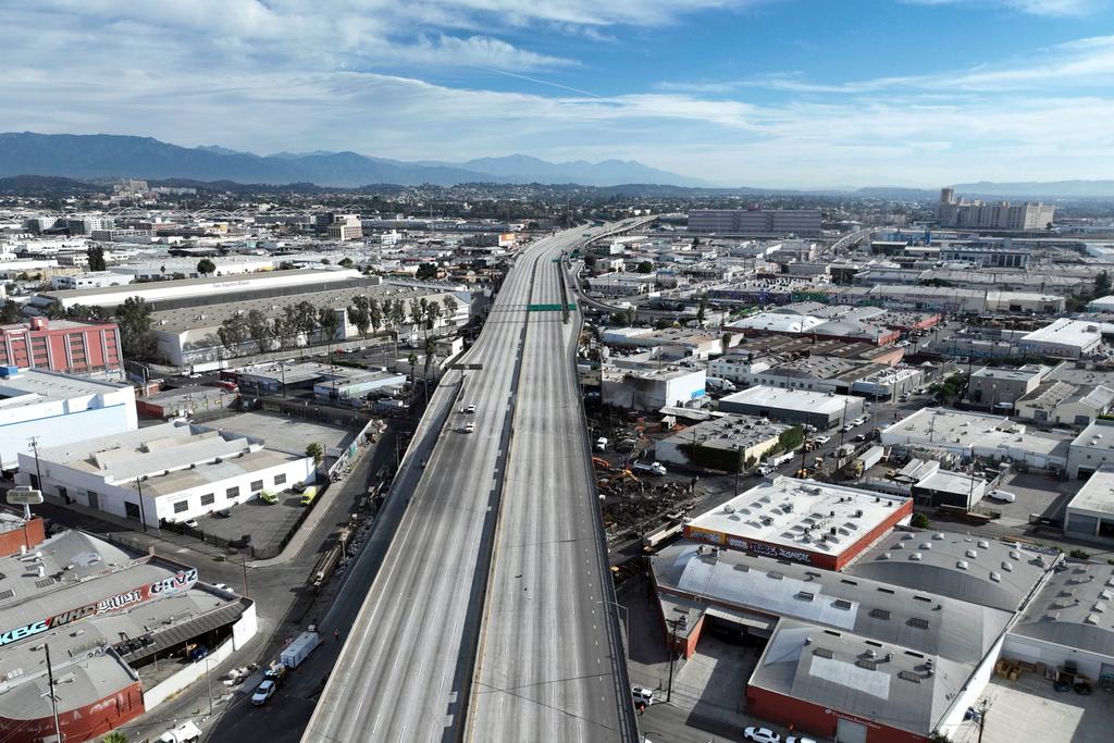 Aerial view, Interstate 10 is empty due to a closure in the aftermath of a fire