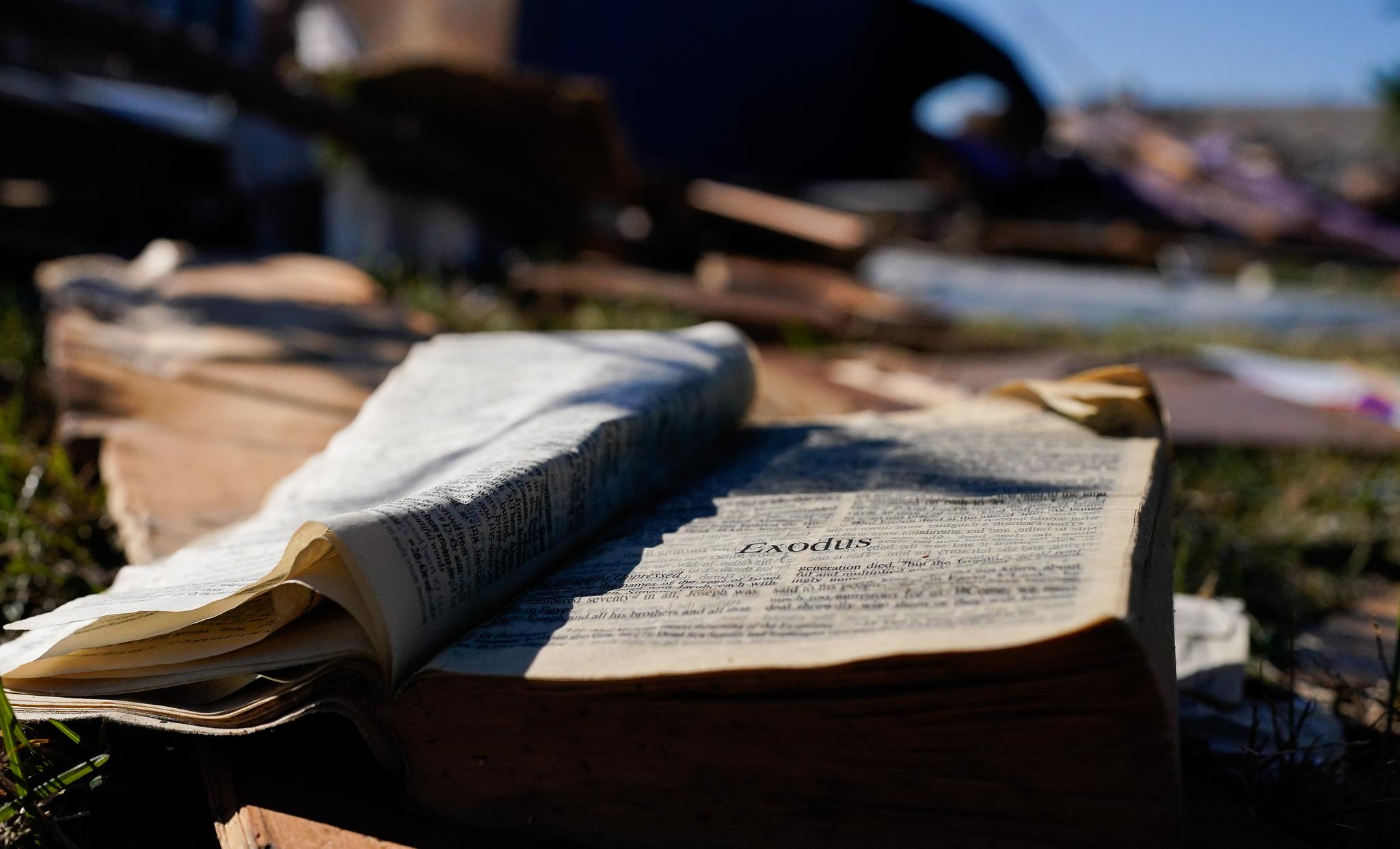 Weathered Bible open to Exodus in the wake of a storm, outside