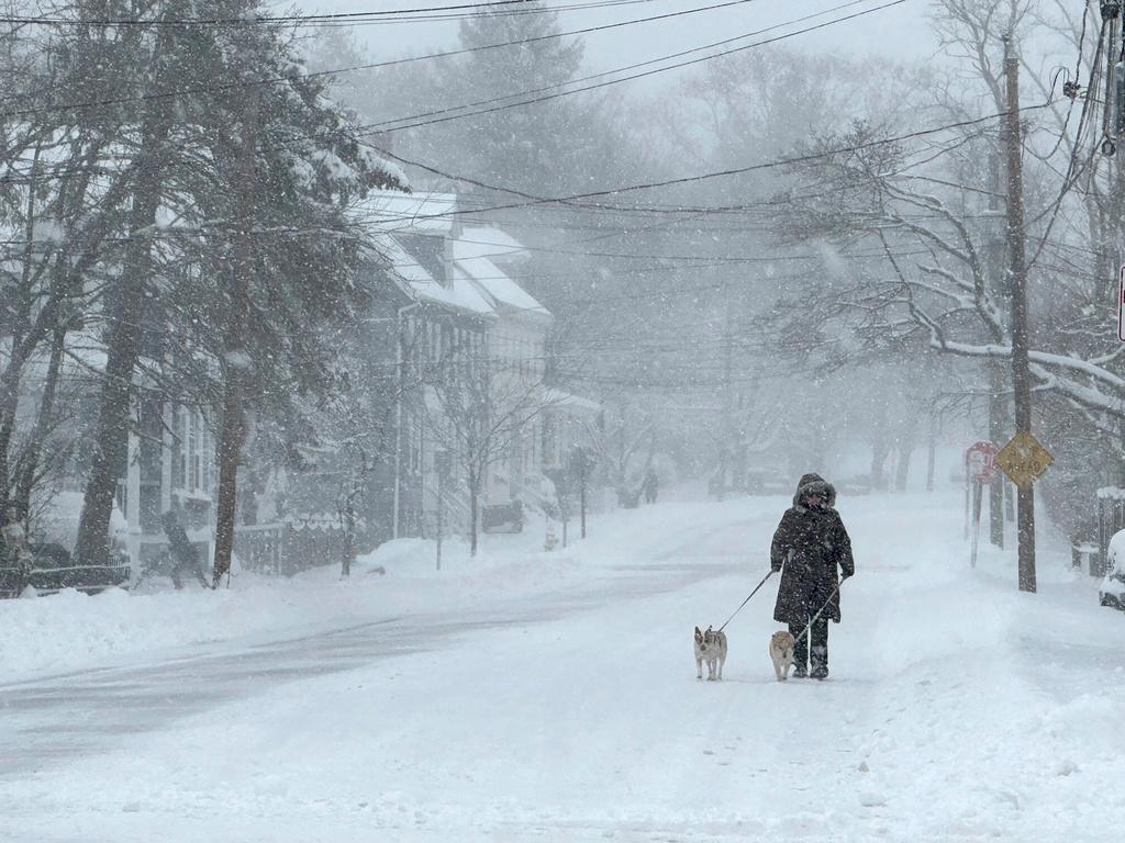 A dog walk as snow falls in Portsmouth, N.H.