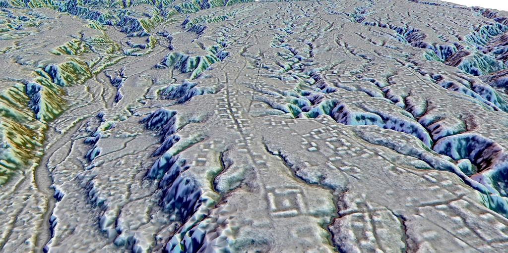 This LIDAR image provided by researchers in January 2024 shows complexes of rectangular platforms arranged around low squares and distributed along wide dug streets at the Kunguints site, Upano Valley in Ecuador.