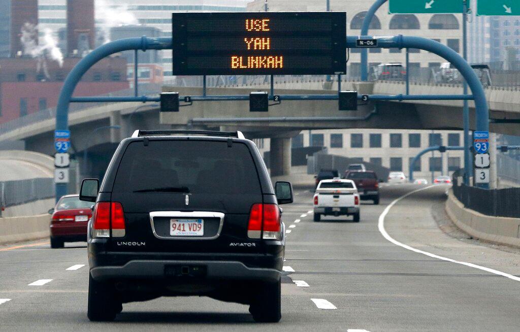 An electronic highway sign is seen on Interstate 93 in Boston