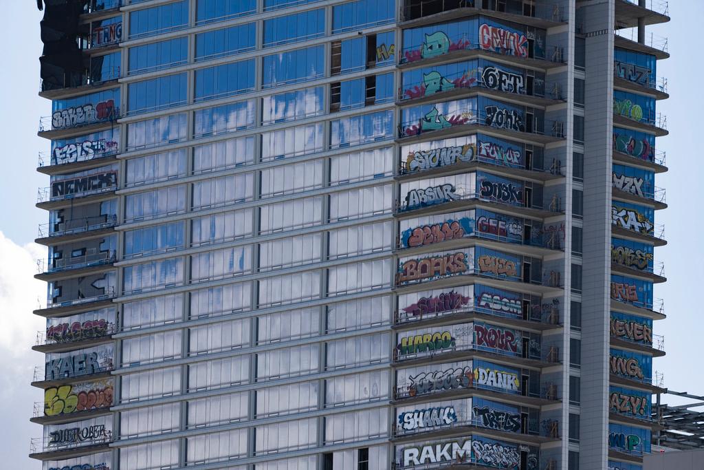 An unfinished high-rise development in the downtown entertainment district that has become the target of graffiti taggers who have struck dozens of floors is seen in Los Angeles 