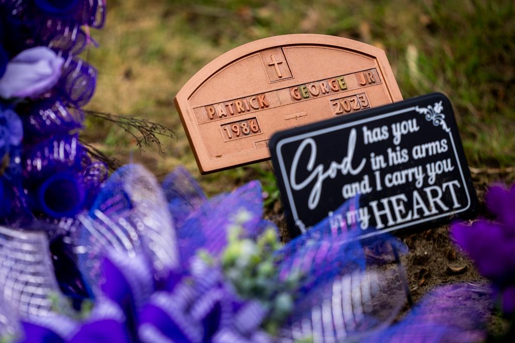 Grave marker for Patrick George Jr., who died last September due to an overdose of street drugs containing the synthetic opioid carfentanil, at the Lummi Nation cemetery on tribal reservation lands near Bellingham, Wash.