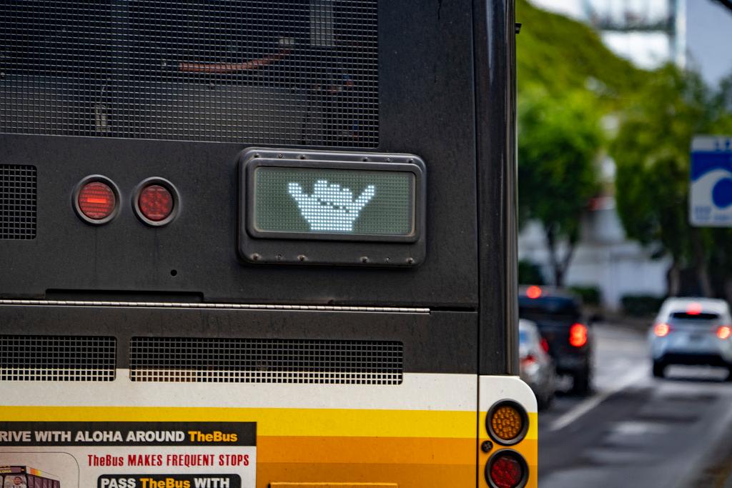 A Honolulu City Bus, TheBus, displays a shaka after merging to Alapai Street on Wednesday, March 6, 2024, in Honolulu, Hawaii.