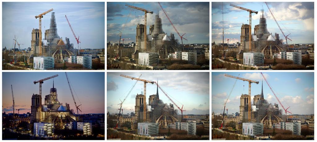 This combination photo shows, from top left, clockwise, the scaffolding around the Notre Dame de Paris cathedral spire being removed from Jan. 24, 2024 to March 6, 2024.