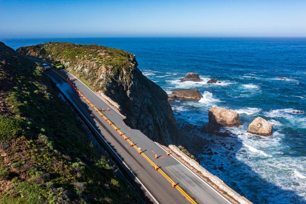 A break in the southbound lane of Highway 1 at Rocky Creek Bridge in Big Sur, Calif.