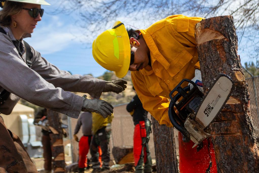 Aravaipa Hotshot Katie Williamson, left, instructs a Wildfire academy student using a chainsaw, Monday, March 11, 2024, in Prescott, Ariz.