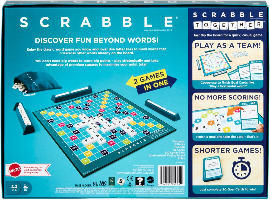 This photo provided by Mattel shows the new version of the board game Scrabble, that includes a new version called Scrabble Together.