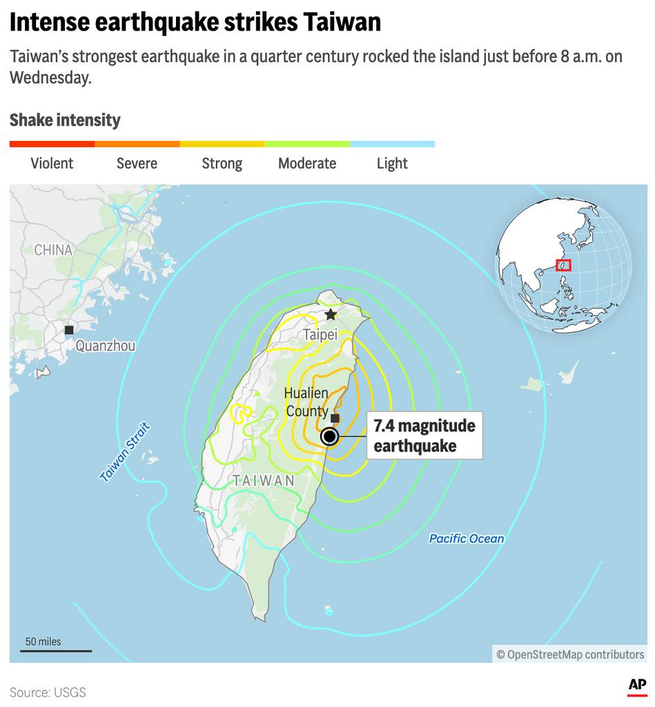 The map above locates the 7.4-magnitude earthquake that struck Taiwan on Wednesday, April 3 and plots its shake intensity.