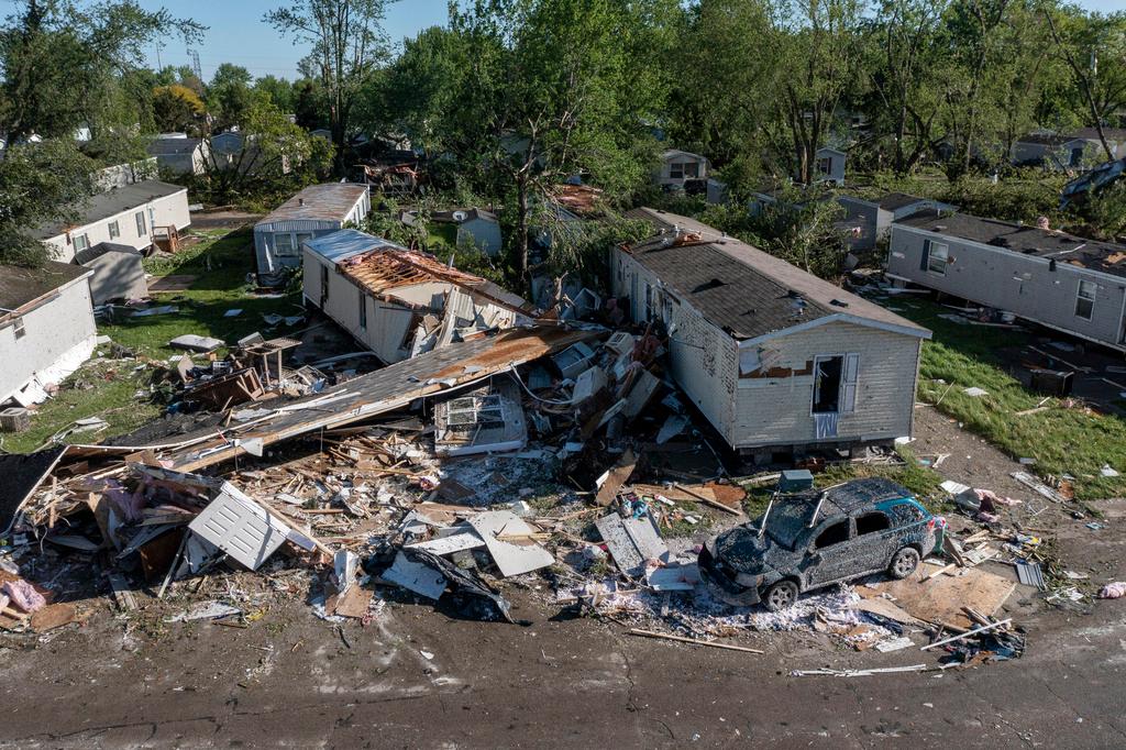 Storm damaged mobile homes surrounded by debris at mobile home park near Kalamazoo, Michigan