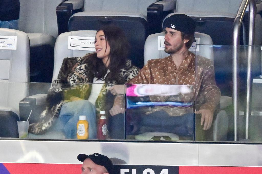 Hailey Bieber and Justin Bieber attend the NFL Super Bowl 58 football game between the San Francisco 49ers and the Kansas City Chiefs