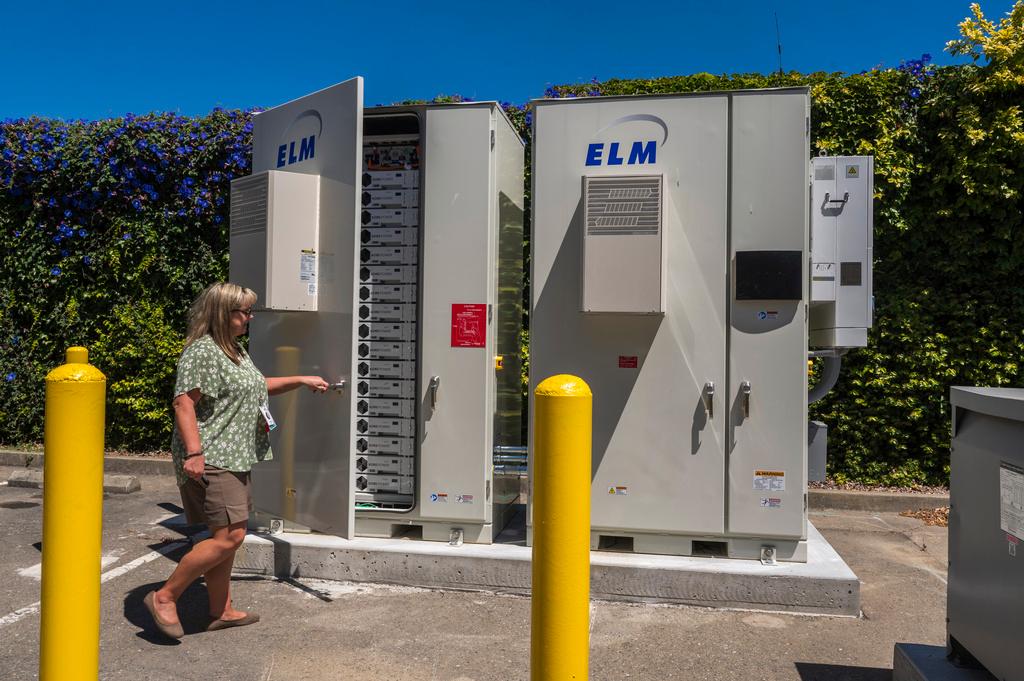 CEO Sue Labbe shows the battery system at Alliance Medical Center in Healdsburg, Calif., Wednesday, May 29, 2024.