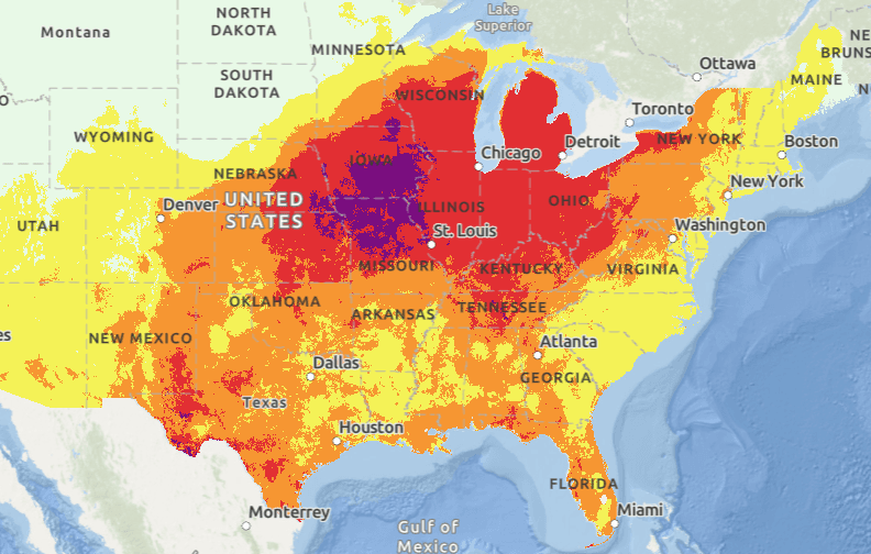 Monday alert map: magenta color in Midwest is most extreme category - and will move east through the week
