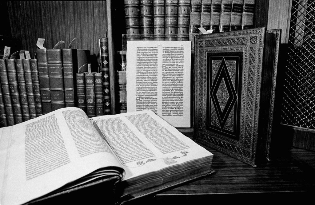 Two volumes of the over 500-year-old Gutenberg Bible are pictured in New York in April 1978.