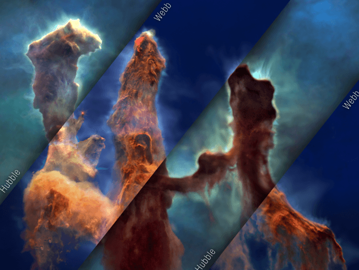 A mosaic of visible-light (Hubble) and infrared-light (Webb) views of the same frame from the Pillars of Creation visualization.