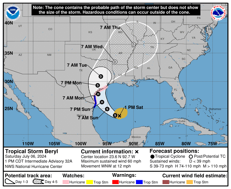 There is an increasing risk of damaging hurricane-force winds and  life-threatening storm surge along portions of the lower and middle  Texas coast late Sunday into Monday,