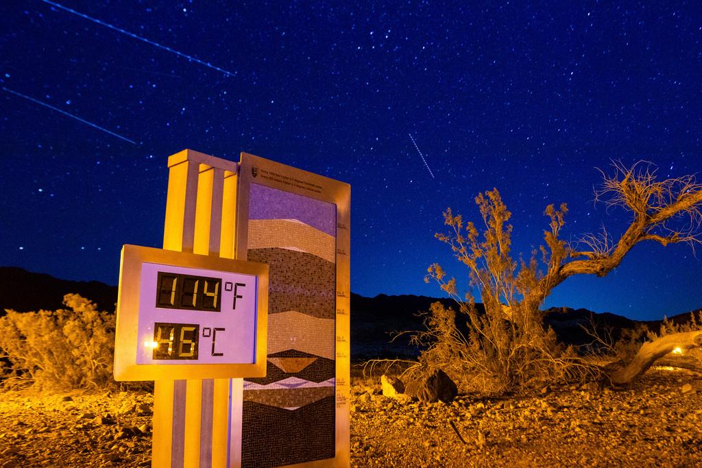 A long exposure image of the thermostat at the Furnace Creek Visitors Center taken just after 10:00 p.m., in Death Valley National Park, Calif.