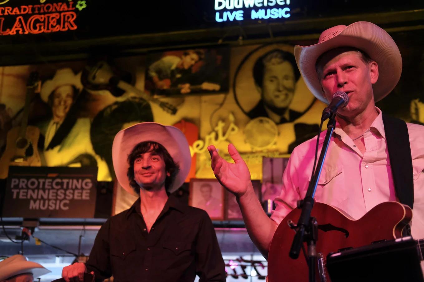 Musicians perform at Nashville’s Robert’s Western World honky tonk after the Sunday Gospel Hour on Sunday, July 28, 2024, in Nashville, Tenn. (AP Photo/Luis Andres Henao)