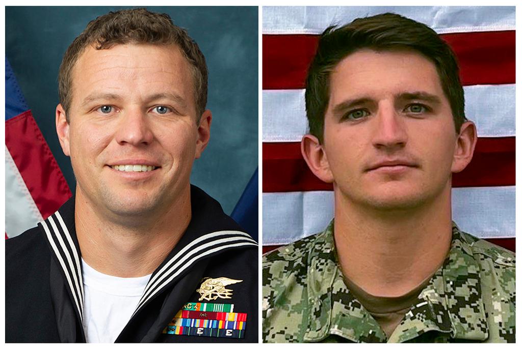 Navy Special Warfare Operator 1st Class Christopher J. Chambers, left, and Navy Special Warfare Operator 2nd Class Nathan Gage Ingram, right