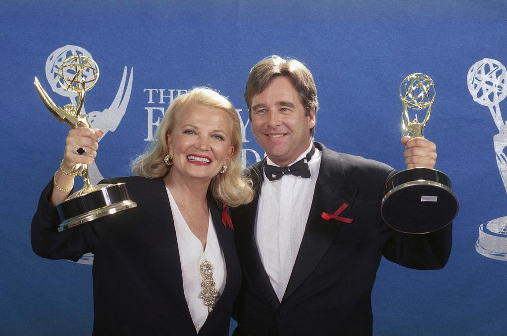  Actress Gena Rowlands and actor Beau Bridges hold up their Emmys for Best Actress and Best Actor