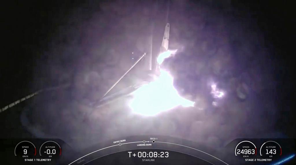 The moment when the SpaceX Falcon 9 rocket's first-stage fell over in flames after landing on an ocean platform offshore