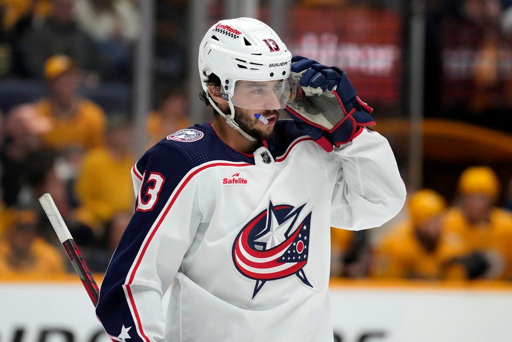 Columbus Blue Jackets' Johnny Gaudreau (13) plays against the Nashville Predators during the second period of an NHL hockey game Saturday, April 13, 2024, in Nashville, Tenn.