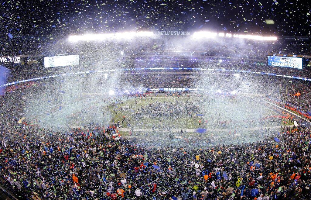 The Seattle Seahawks roam the field after the NFL Super Bowl XLVIII football game against the Denver Broncos, Sunday, Feb. 2, 2014, in East Rutherford, N.J. The Seahawks won 43-8. 