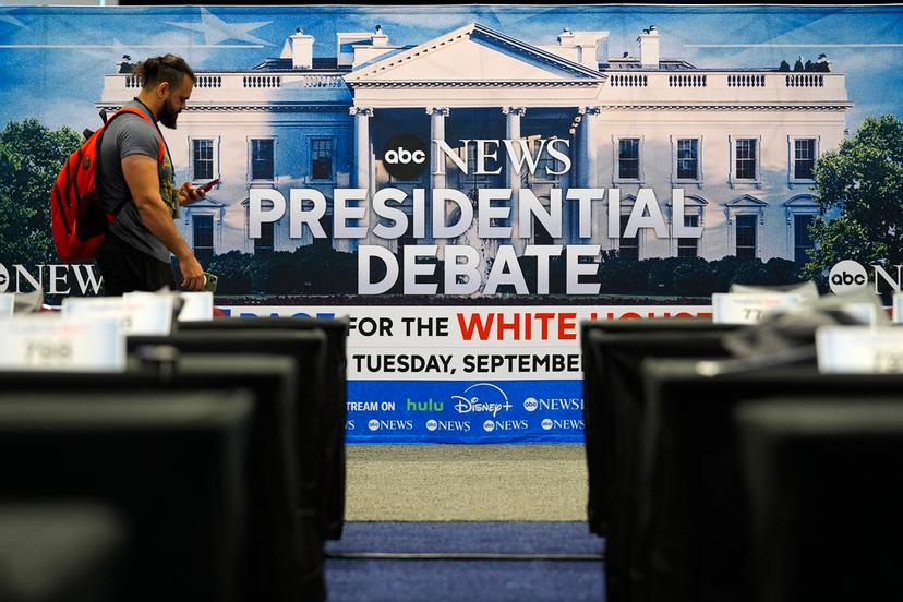 Signage at the media filing center ahead of the presidential debate between Republican presidential candidate former President Donald Trump and Democratic presidential nominee Vice President Kamala Harris