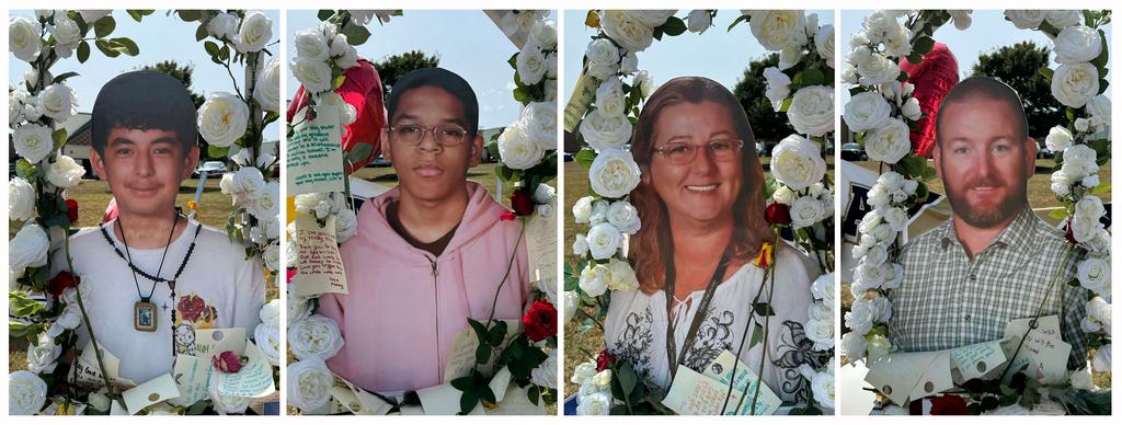 From left, Christian Angulo, Mason Schermerhorn, Cristina Irimie and Richard Aspinwall, displayed at a memorial outside Apalachee High School