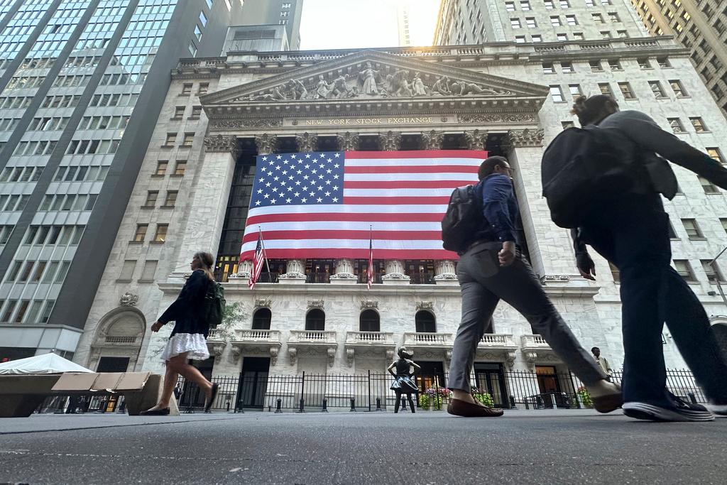 American flag hangs from the front of the New York Stock Exchange 